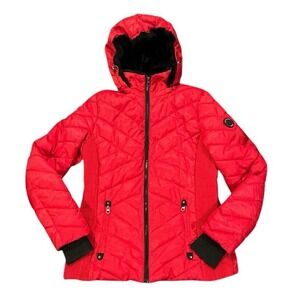 Nautica Women's Water Resistant Puffer Full Zip Jacket Removable Hood Red Size M